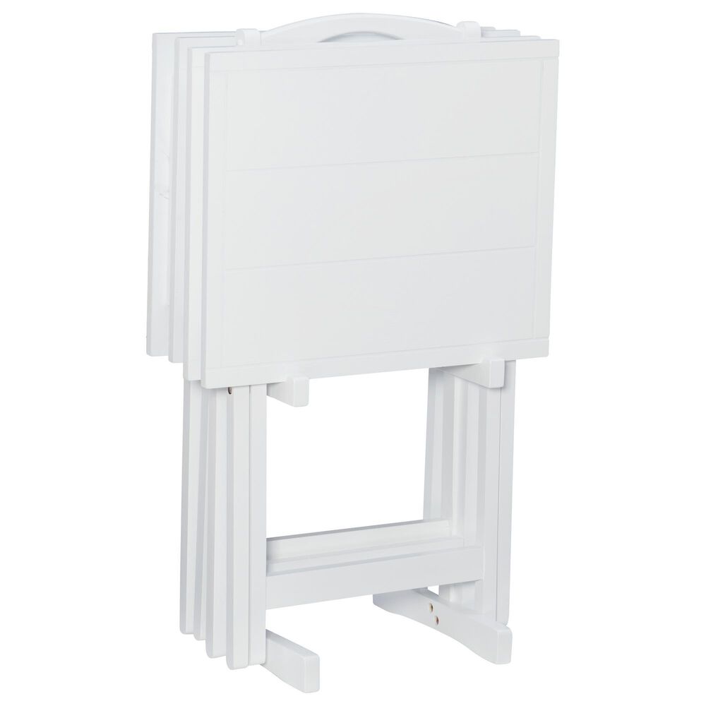 Linon Home Decor Lisbon Folding TV Tray Table Set with Stand in White (Set of 4), , large