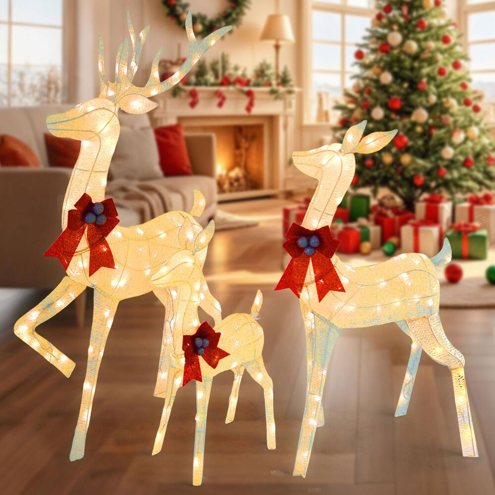 HOMLUX 3-Piece Cotton Rope Reindeer with LED Lights in White, , large