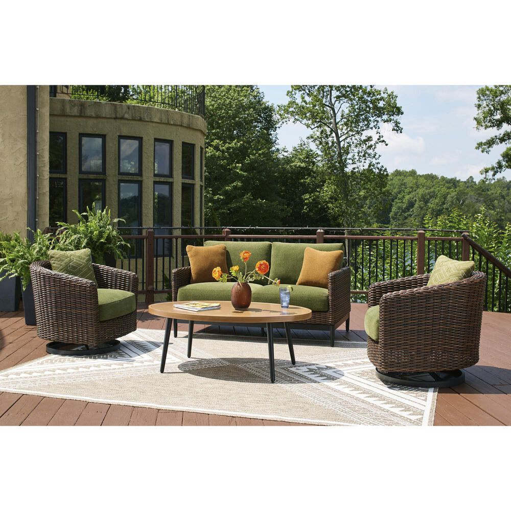 Ashley Horizon Hall Outdoor Loveseat with Green Cushion in Brown, , large