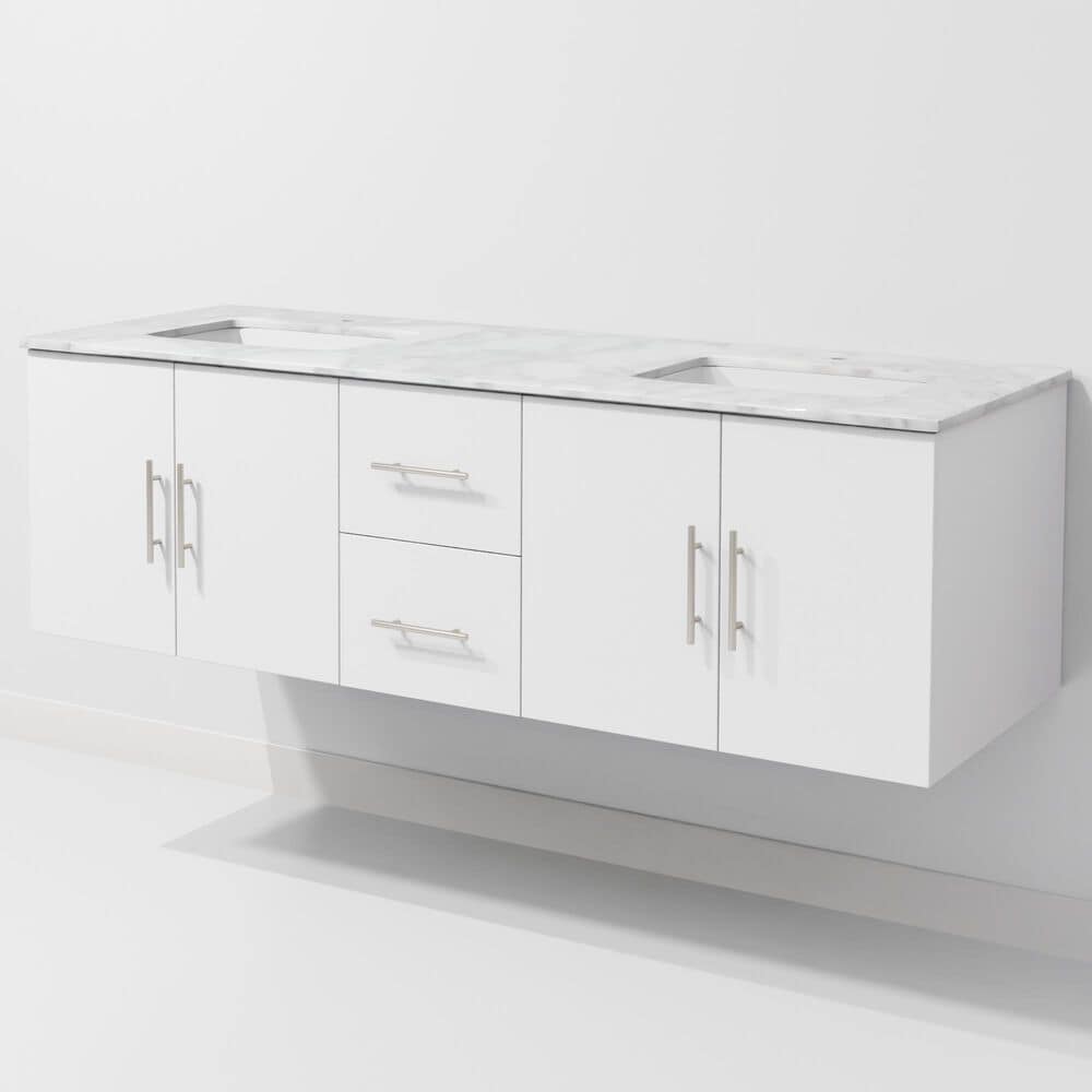 Lexora Home Geneva 60" Double Bathroom Vanity in Glossy White with 2 cm White Carrara Marble Top and Rectangular Sinks, , large