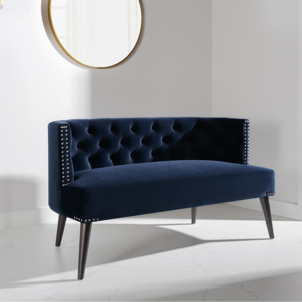 Jennifer Taylor Home Celine Tufted Settee Nailhead Accents in Dark Navy