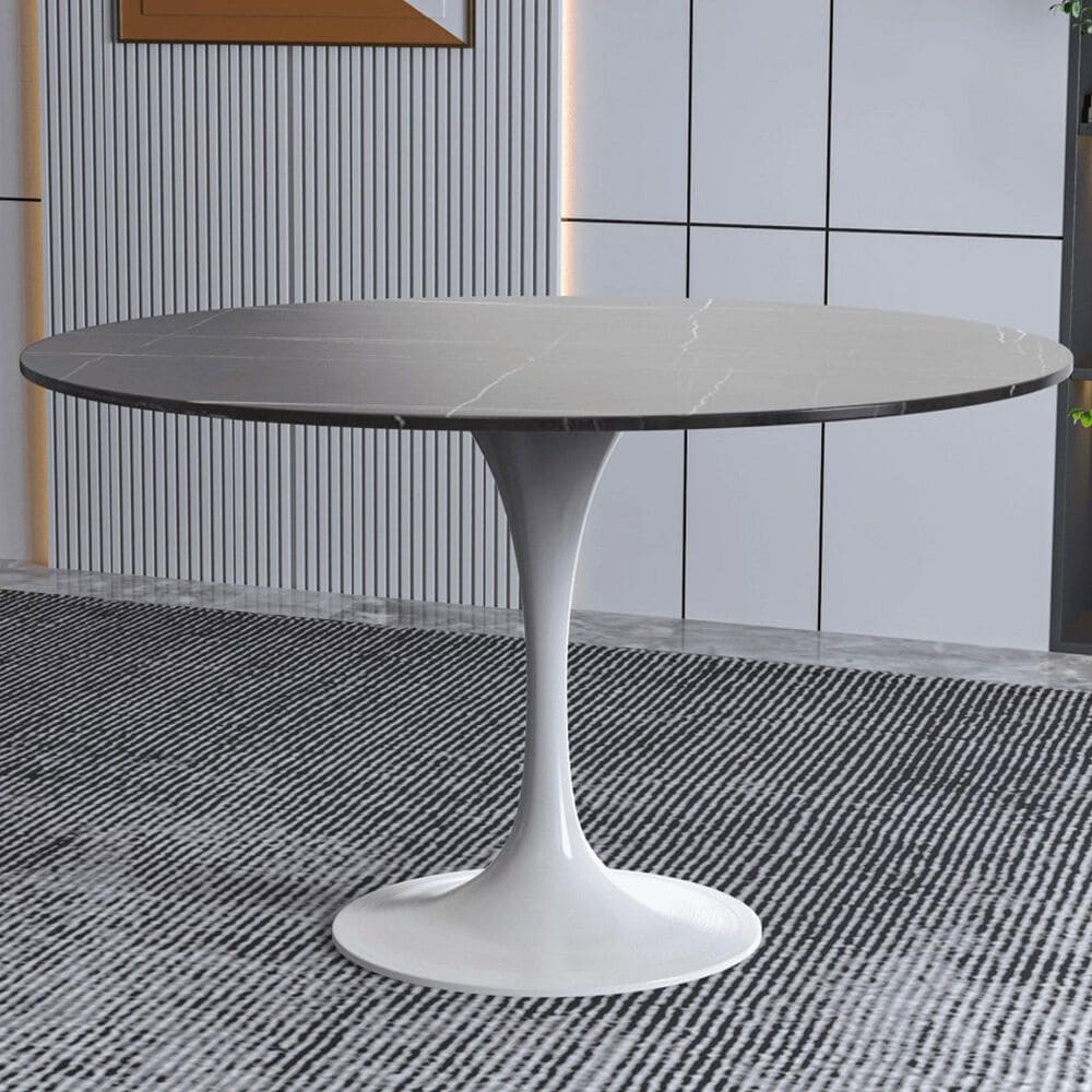 Leisuremod LeisureMod Verve Collection 48 Round Dining Table, White Base with Sintered Stone Black Top, , large