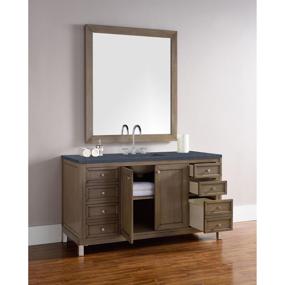 James Martin Vanities Chicago 60&quot; Single Bathroom Vanity in Whitewashed Walnut with 3 cm Charcoal Soapstone Quartz Top and Rectangular Sink, , large