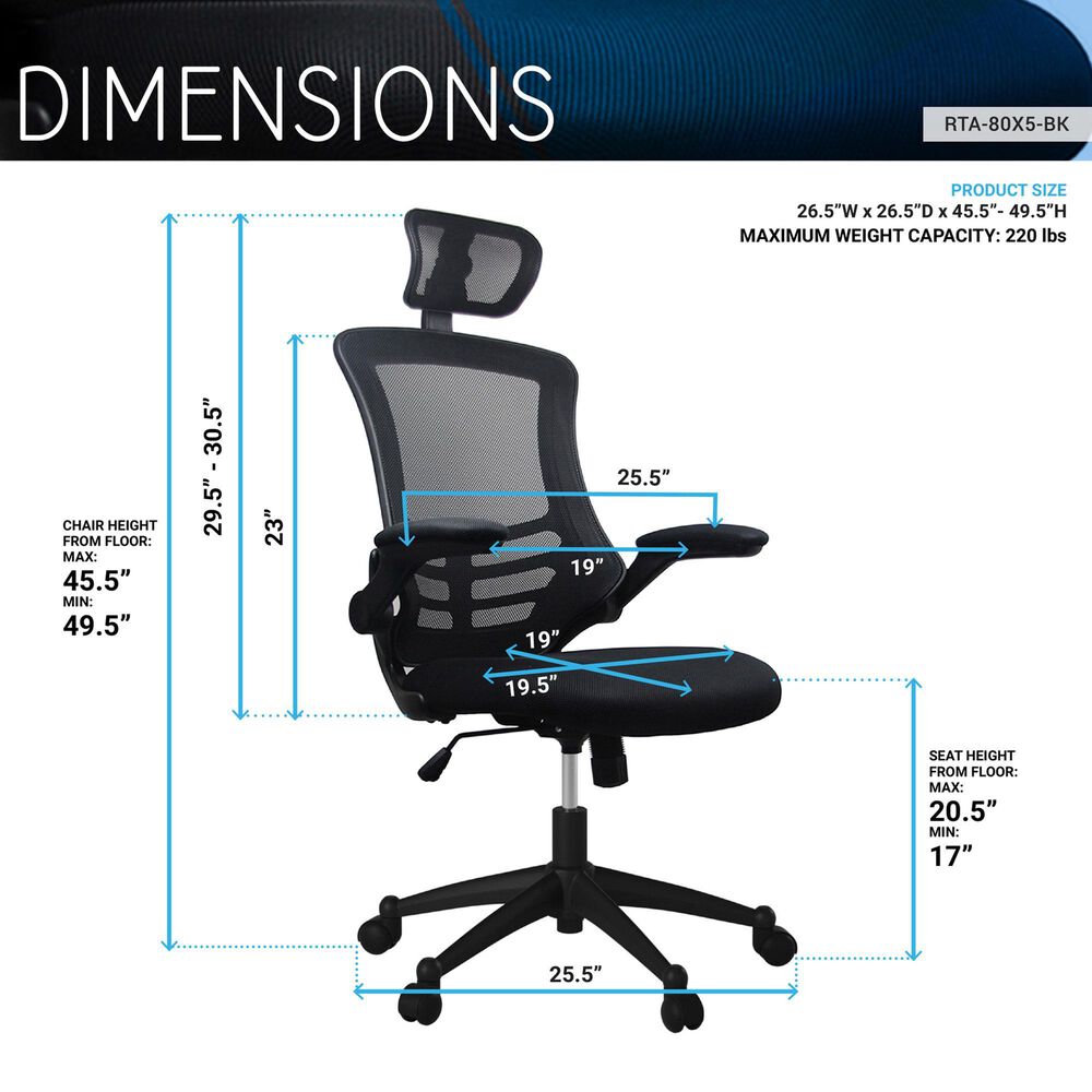 Rta Products Llc Modern High-Back Mesh Executive Office Chair with Headrest and Flip-Up Arms in Black, , large