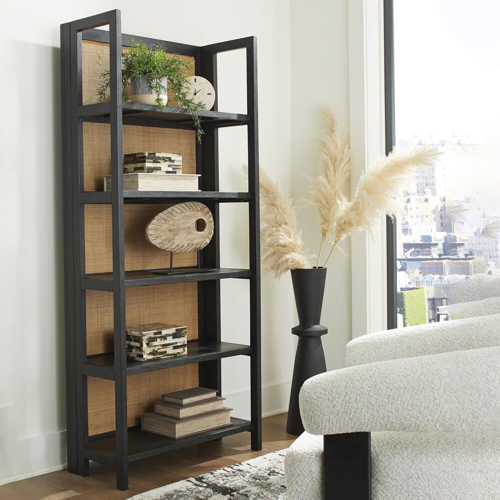 Ashley Abyard 5-Shelf Bookcase in Sandblasted Black and Natural, , large