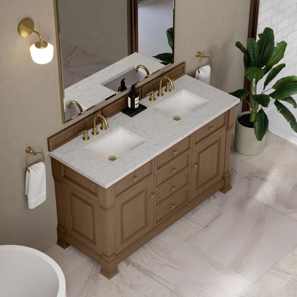 James Martin Vanities Brookfield 60" Double Bathroom Vanity in Pecan with 3 cm Eternal Jasmine Pearl Quartz Top and Rectangular Sinks, , large