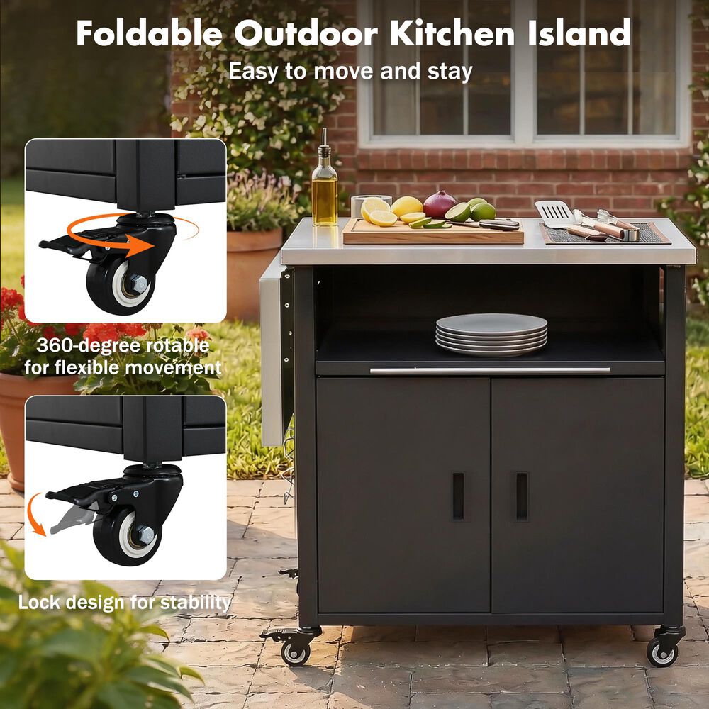 Hearth and Haven Outdoor Kitchen Island Cart with Dual Expandable Stainless Steel Tabletops in Black, , large