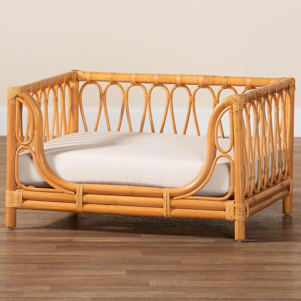 Baxton Studio Kierra Rattan Pet Bed with Removable Cushion in Honey, , large