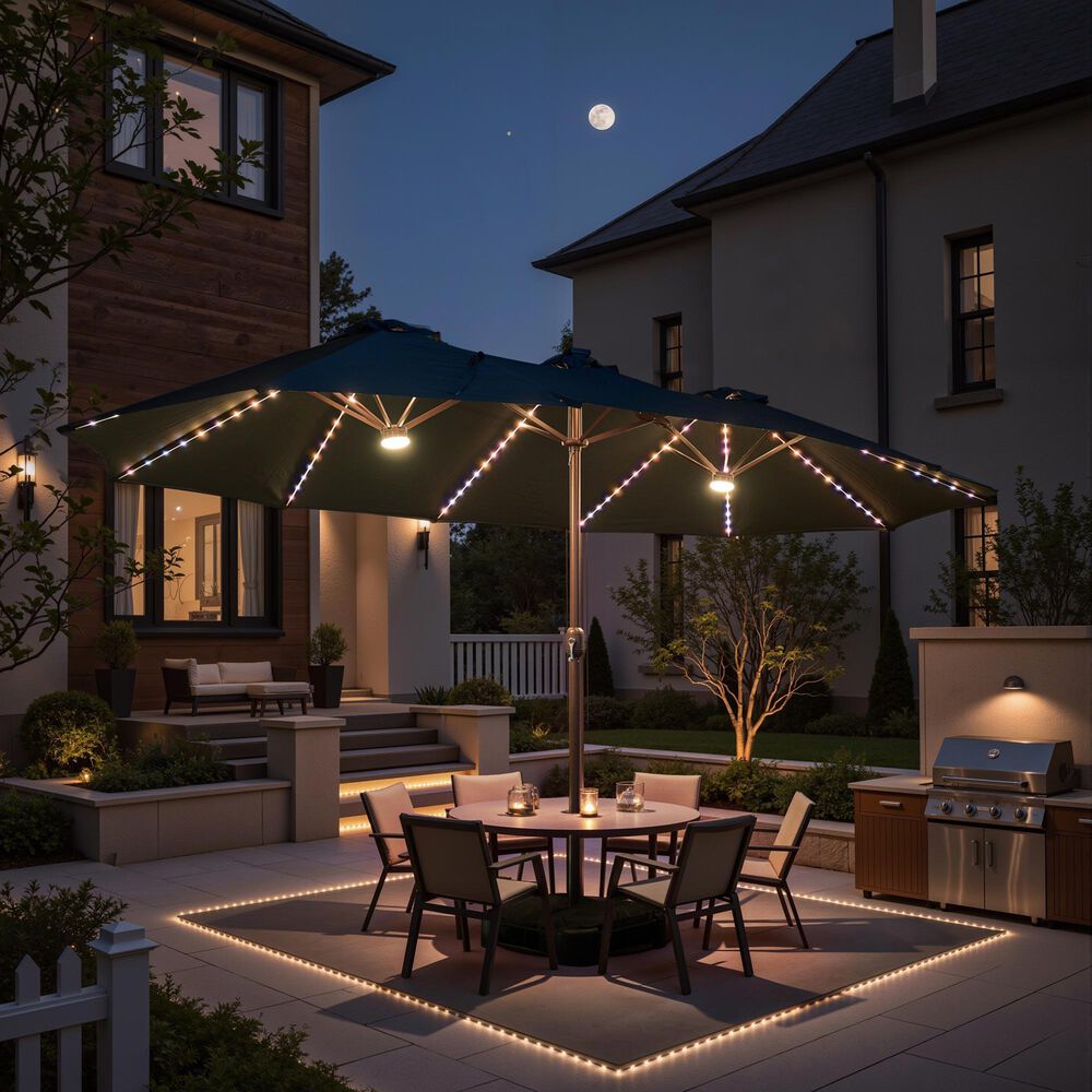 HOMLUX 15' Outdoor Market Umbrella with RGB Lights and Sandbags Base in Navy Blue, , large