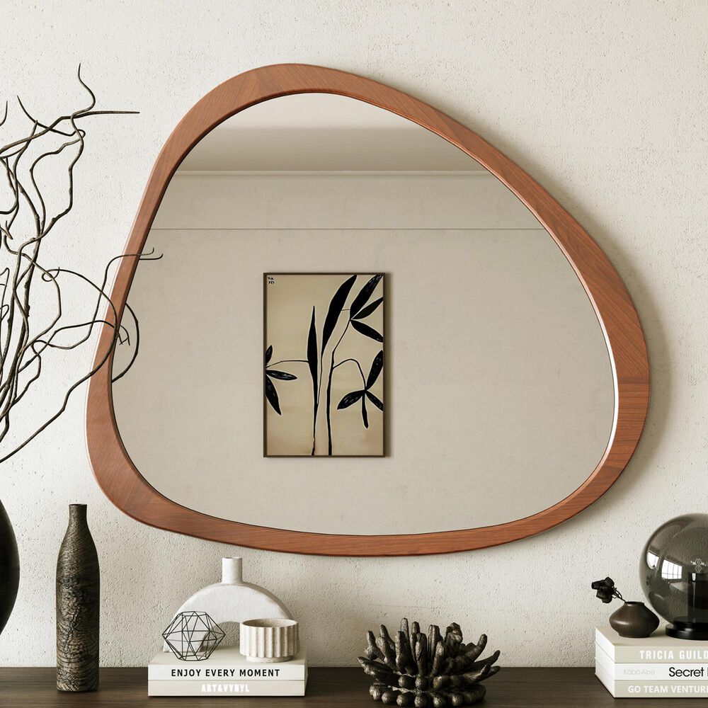 Hearth and Haven 45" Wall Mirror with Curvy Shape and Pine Wood Frame in Natural, , large