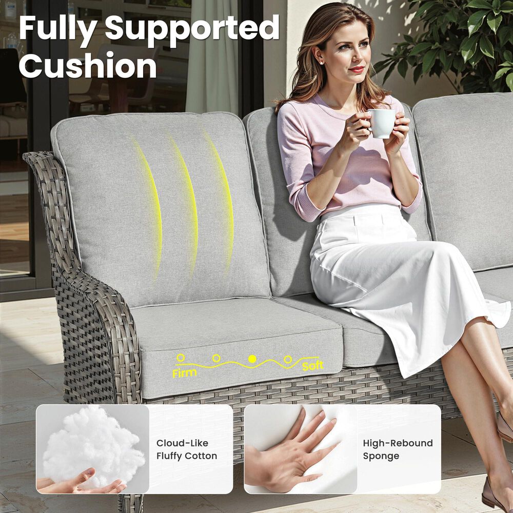 HOMLUX 7-Piece Patio Set with 42 Inch Fire Pit Table, Outdoor Wicker Sofa and Swivel Rocking Chairs, Grey Rattan in Gray, , large