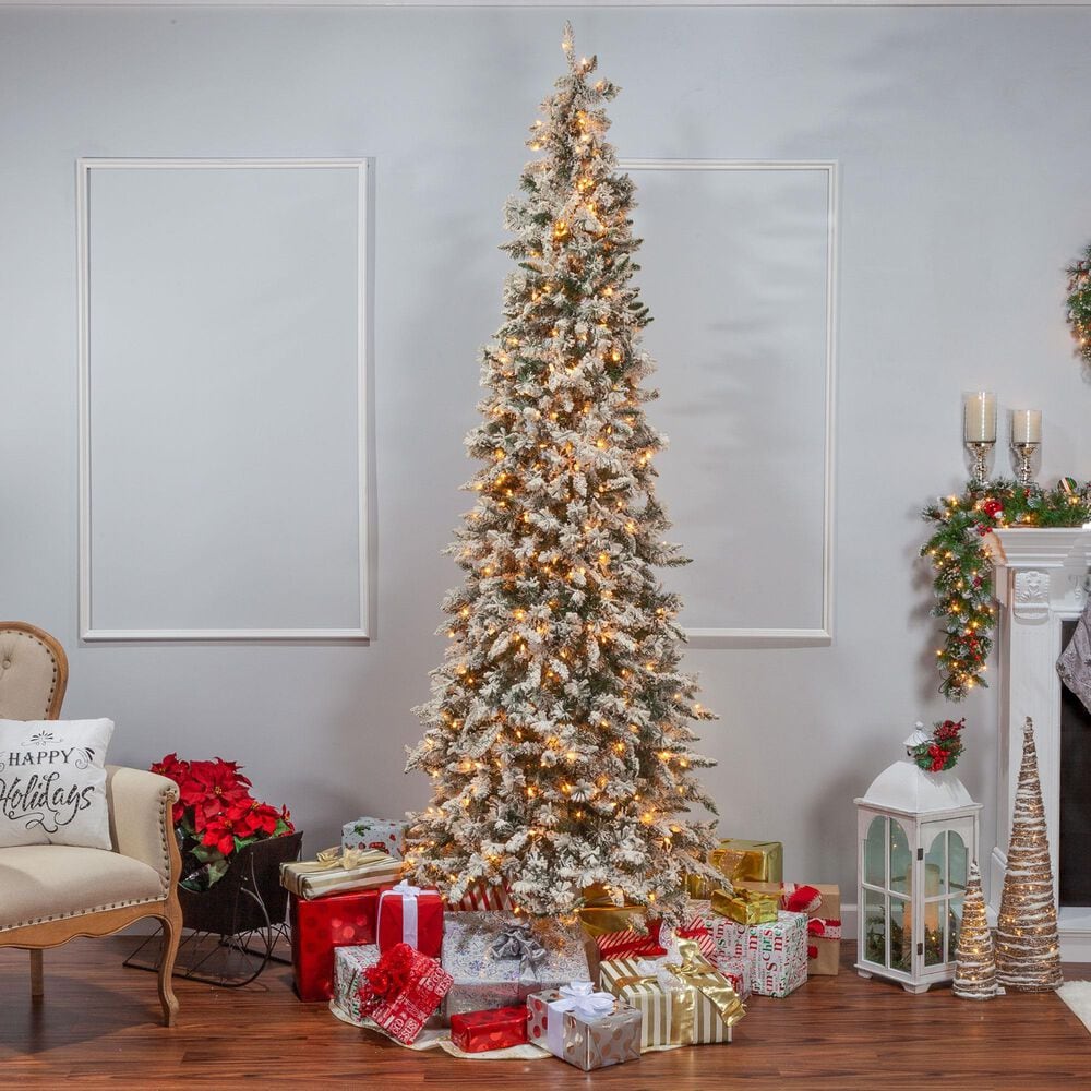 The Gerson Company 9&#39; Pre-Lit Artificial Narrowed Flocked Pencil Pine with White Lights in Green, , large