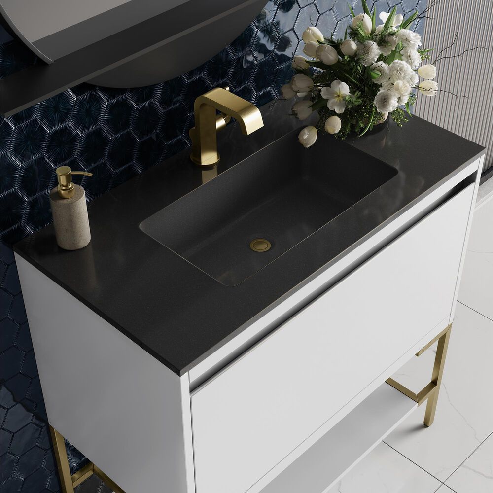 James Martin Mantova 35.4&quot; Single Bathroom Vanity in Glossy White and Champagne Brass with 2 cm Charcoal Black Resin Countertop and Rectangular Sink, , large