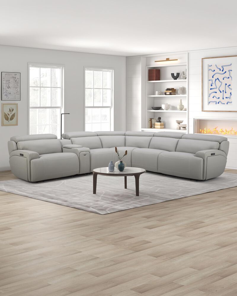 Interlochen 6-Piece Leather Power Reclining Sectional with Power Headrests in Blanca Light Gray, , large