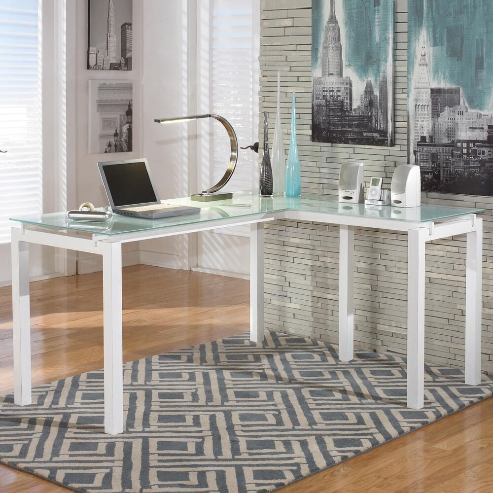 Ashley Baraga 61" L-Desk with Glass Top in White, , large