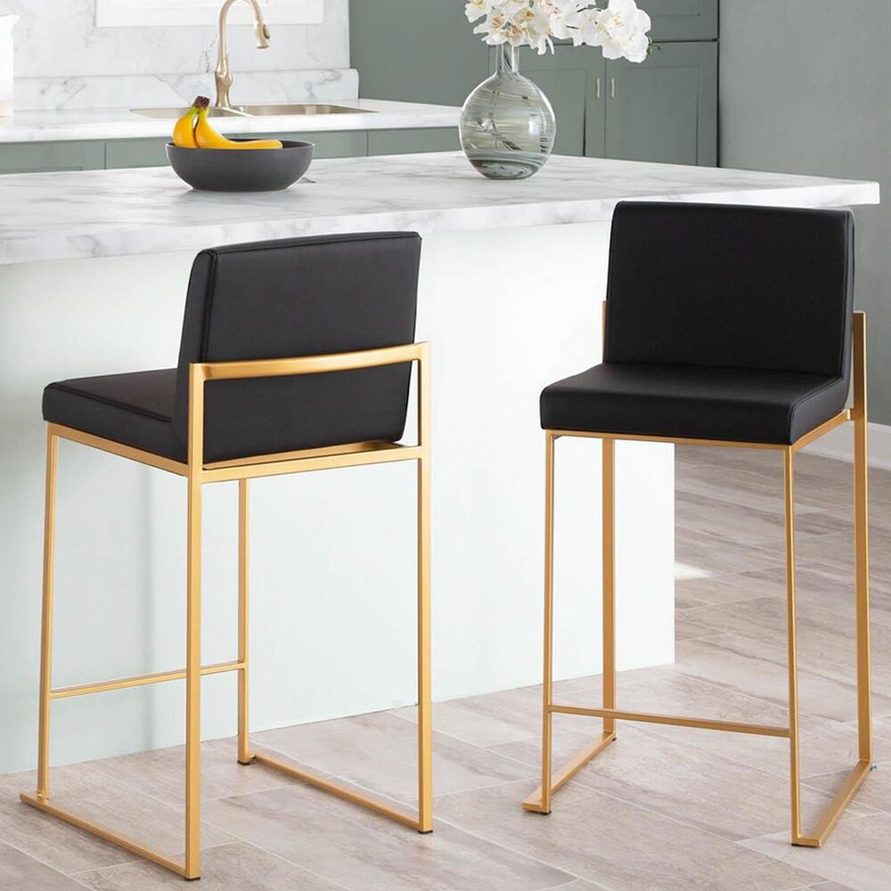 Lumisource Fuji High Back Counter Stool with Black Faux Leather Cushion in Gold &#40;Set of 2&#41;, , large