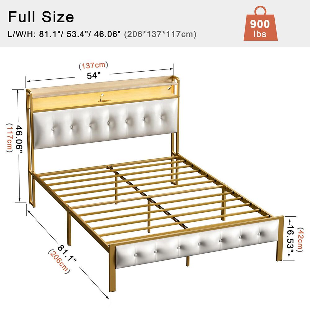 HOMLUX Full Upholstered Bookcase Bed with LED Headboard with Charging Station in White, , large