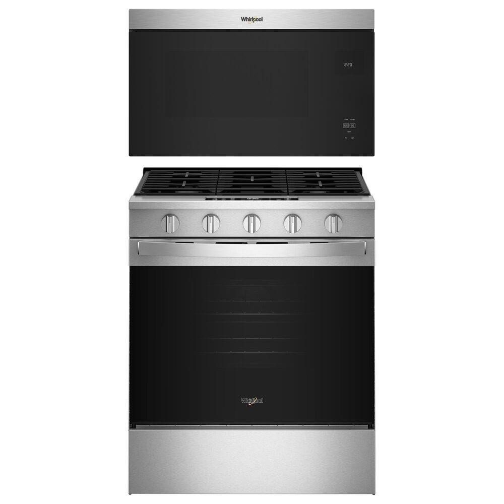 Whirlpool 2-Piece Kitchen Package with 5 Cu. Ft. Smart Gas Range and 1.1 Cu. Ft. Flush Mount Microwave in Fingerprint Resistant Stainless Steel, , large
