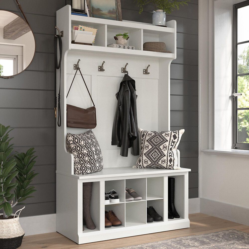 Bush Woodland Tall Hall Tree with Storage Bench in White Ash NFM