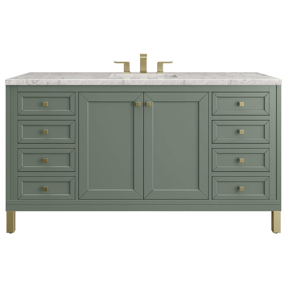 James Martin Vanities Chicago 60" Single Bathroom Vanity in Smokey Celadon with 3 cm Eternal Jasmine Pearl Quartz Top, Rectangular Sink and FreePower Wireless Charger, , large