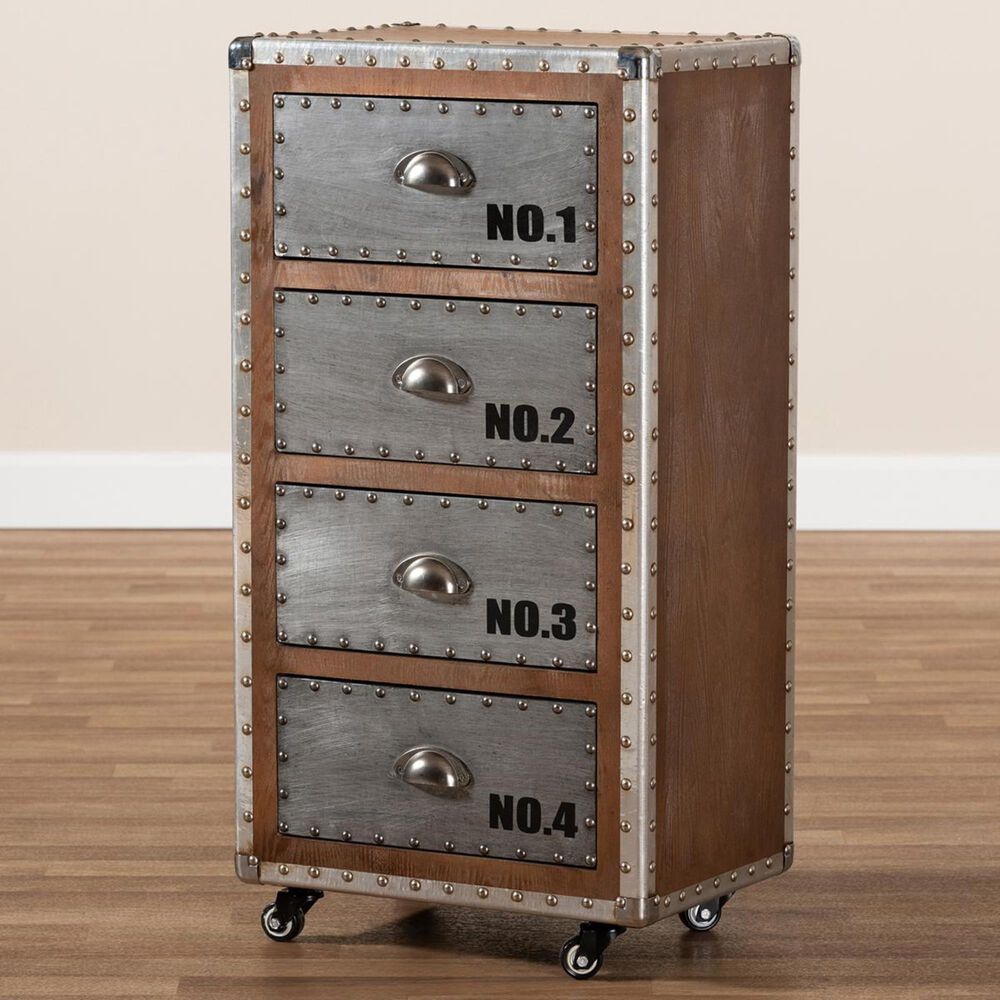 Baxton Studio Avere 4 Drawer Rolling Accent Chest in Silver and Golden Oak, , large