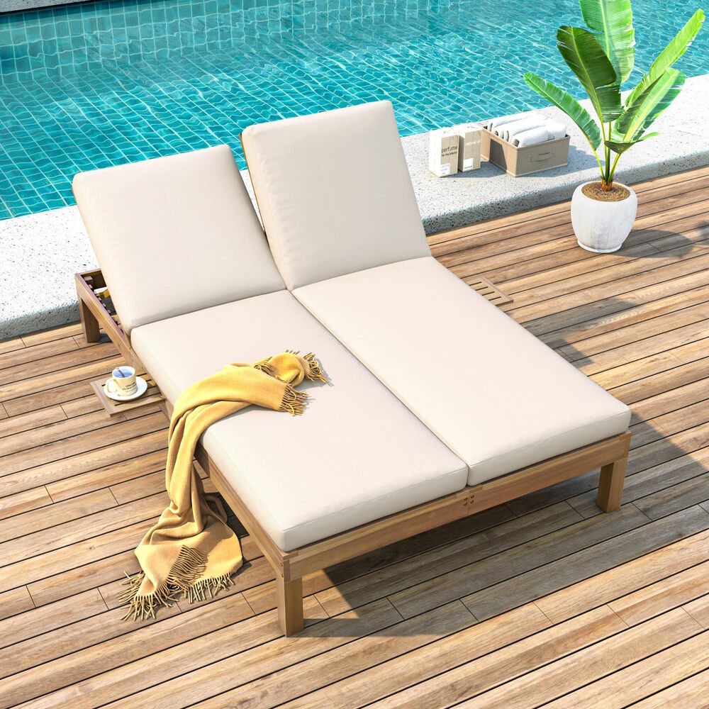 HOMLUX Patio 2-Person Chaise Lounge with Folding Side Tables and Light Teak Frame in Beige, , large