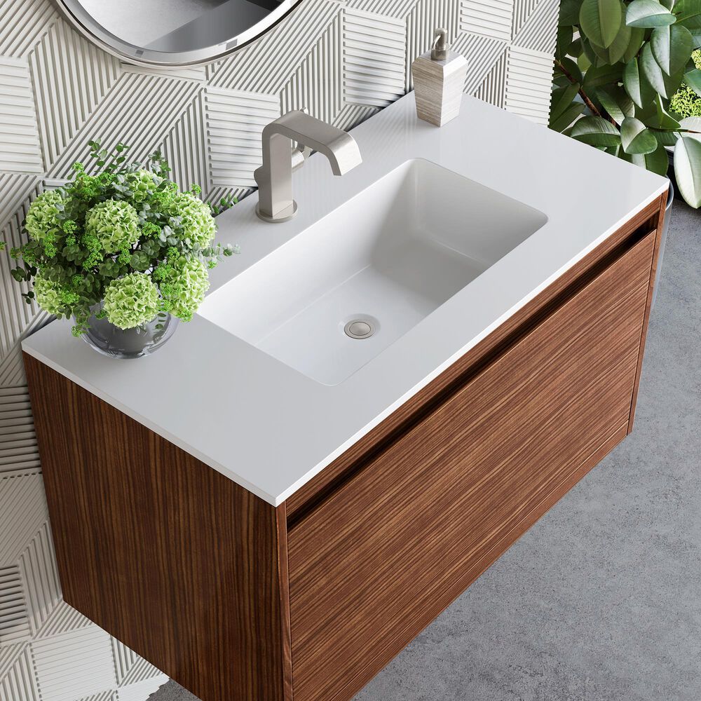 James Martin Vanities Mantova 35.4&quot; Single Vanity in Mid-Century Walnut and Matte Black with 3 cm Glossy White Composite Stone Top and Rectangular Sink, , large