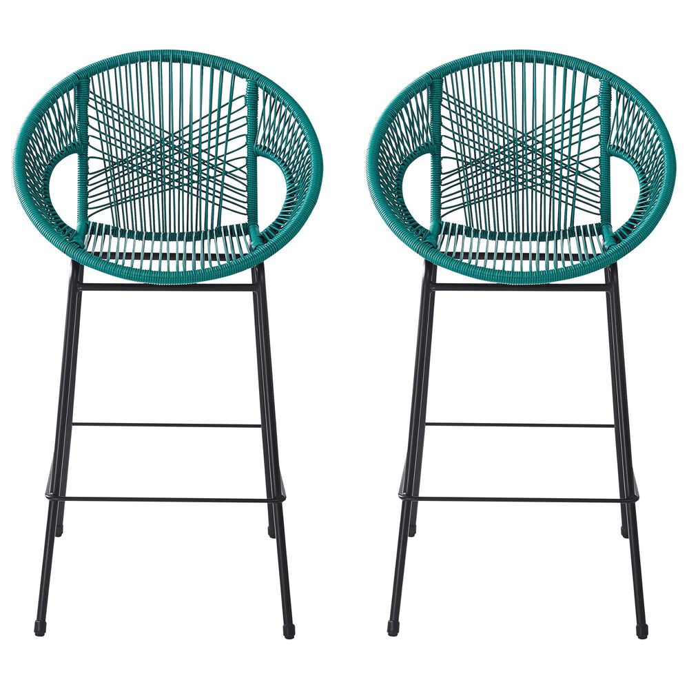 Hearth and Haven Ferrara Outdoor Faux Wicker Barstool in Teal (Set of 2), , large