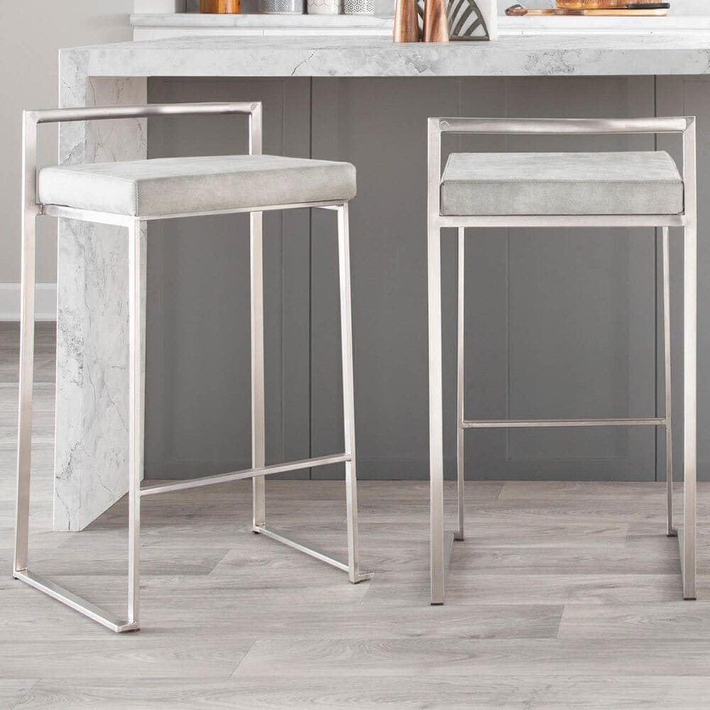 LumiSource Fuji 30" Stacker Bar Stool with Light Grey Cowboy Upholstery in Stainless Steel (Set of 2), , large