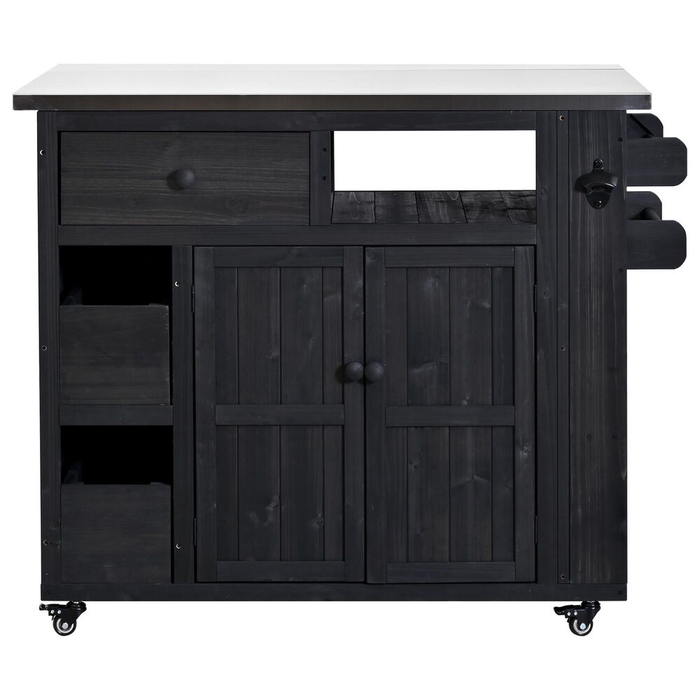 Hearth and Haven Outdoor Kitchen Island Cart with Extendable Stainless Steel Top and Adjustable Shelf in Black, , large