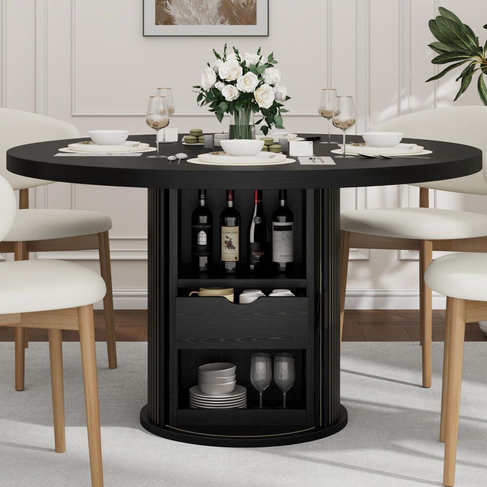 GARVEE 47" Round Dining Table with Storage Base in Black - Table Only, , large