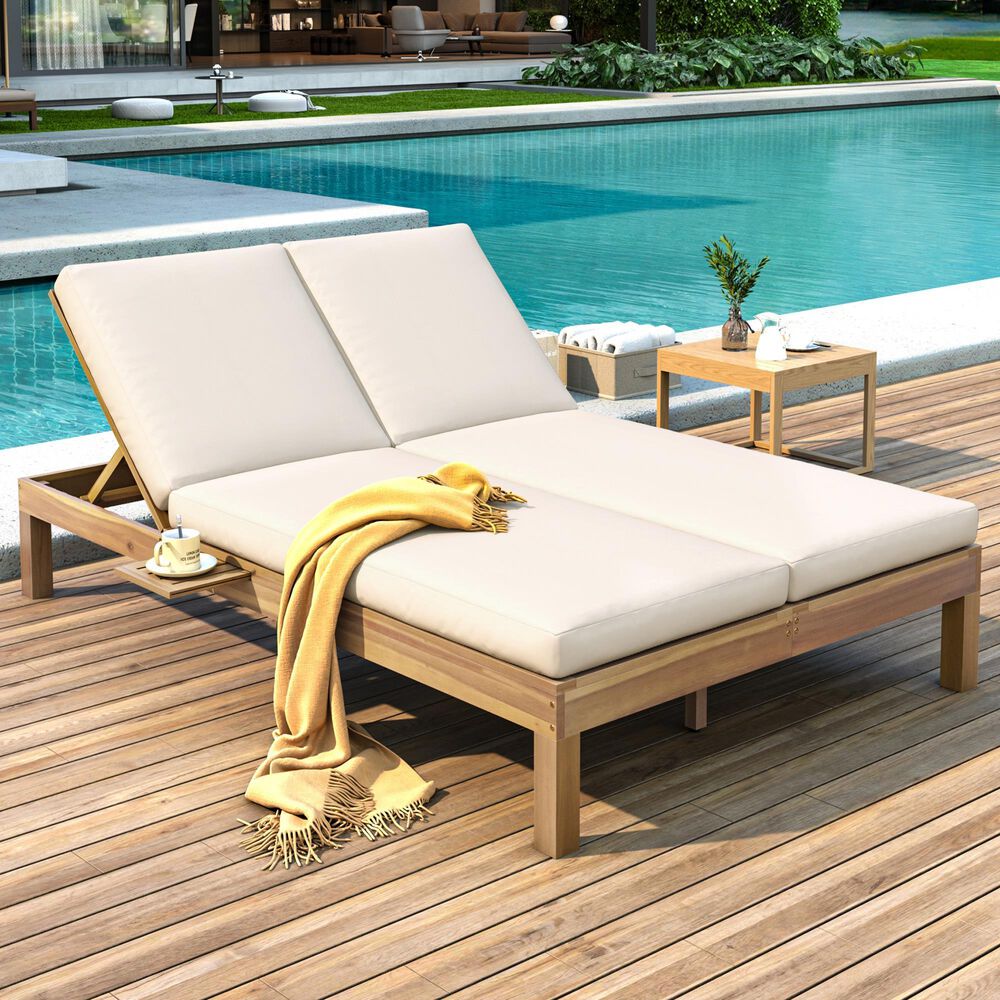 HOMLUX Patio 2-Person Chaise Lounge with Folding Side Tables and Light Teak Frame in Beige, , large
