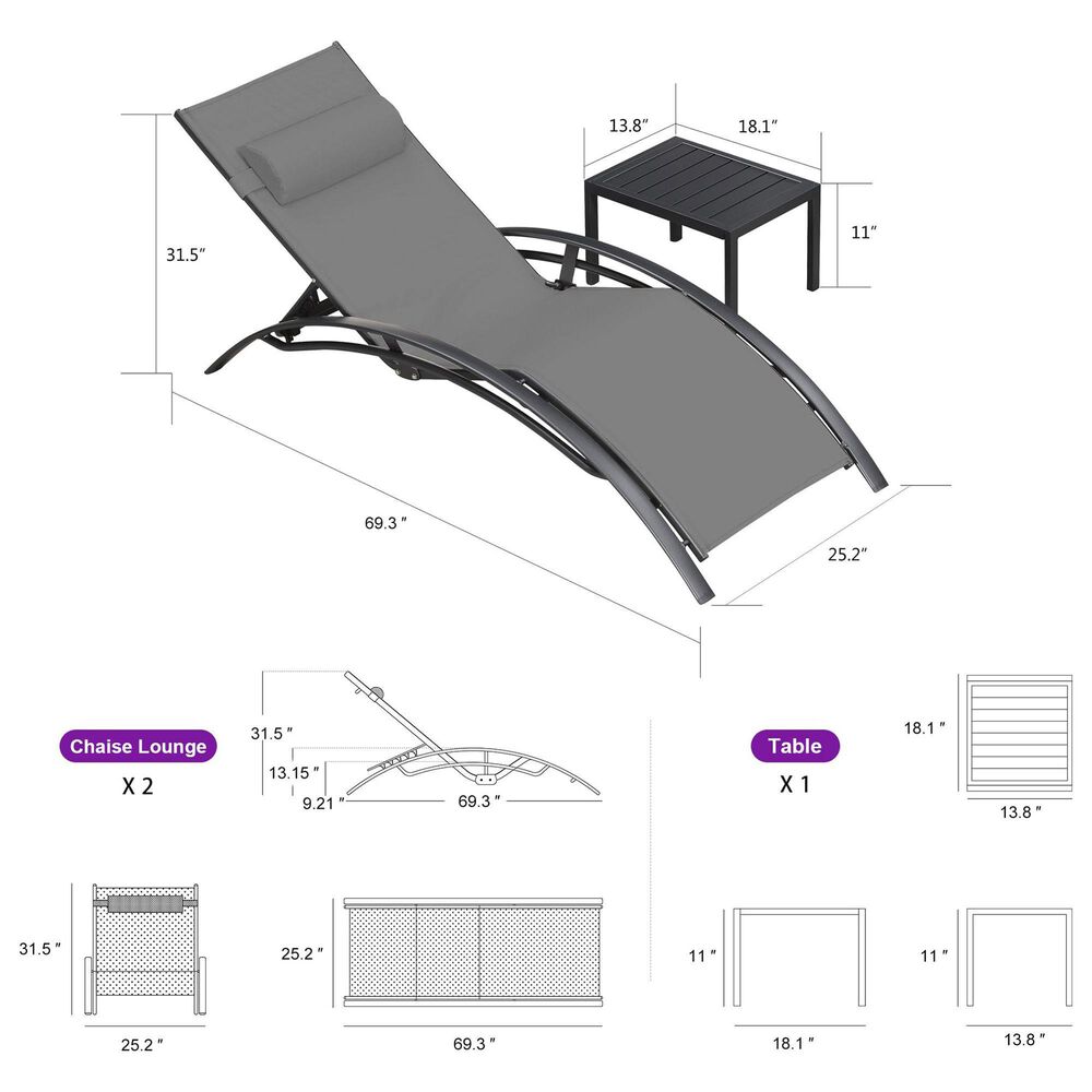HOMLUX 3-Piece Standard Patio Chaise Lounge Set in Grey, , large