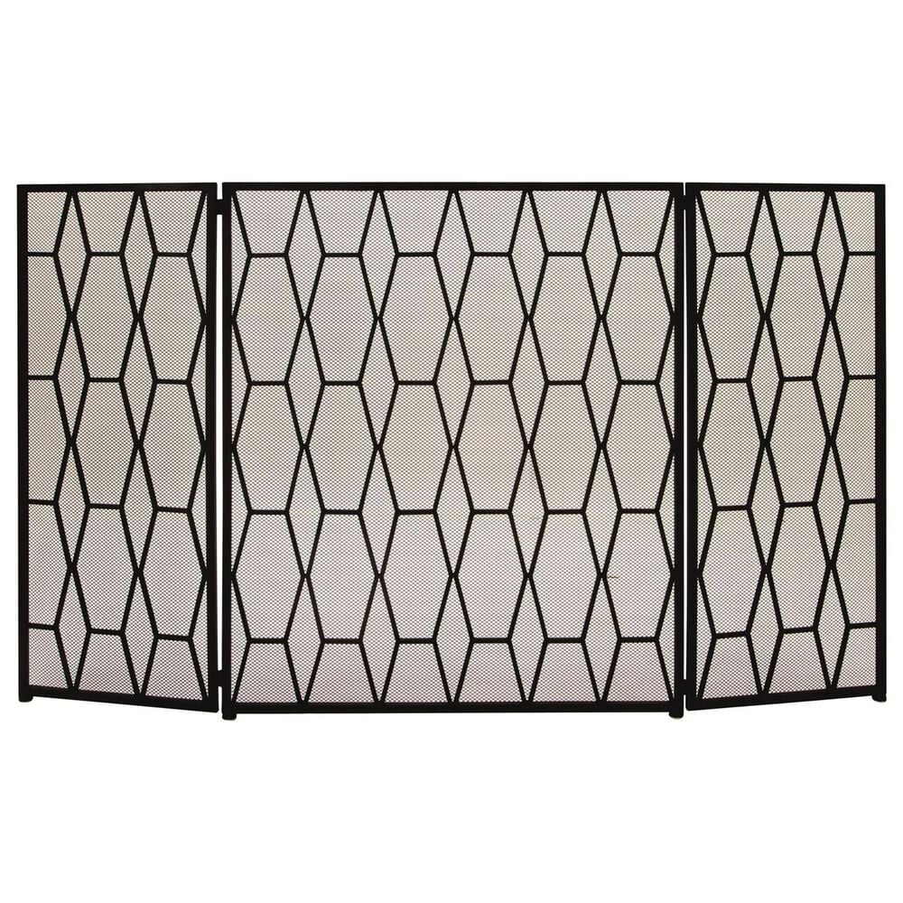Maple and Jade Geometric Foldable Three Panel Fireplace Screen with Mesh Netting in Matte Black, , large