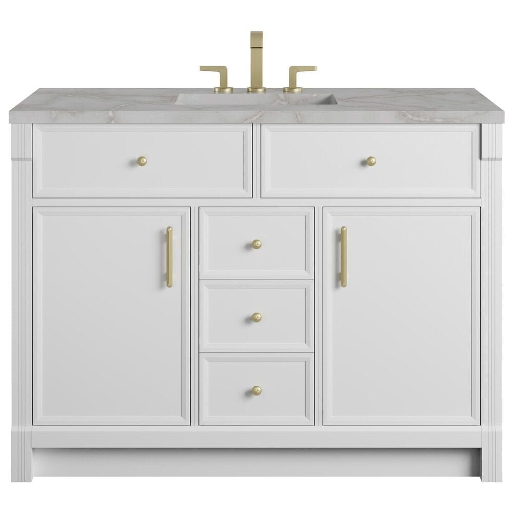 James Martin Bellshire 48" Single Bathroom Vanity in Bright White with 3 cm Victorian Silver Silestone Top, Rectangular Sink and FreePower Wireless Charger, , large