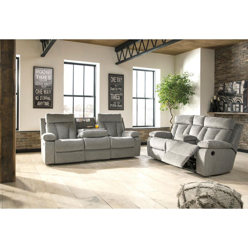 Ashley Mitchiner Manual Recliner Sofa with Drop Down Table in Fog, , large
