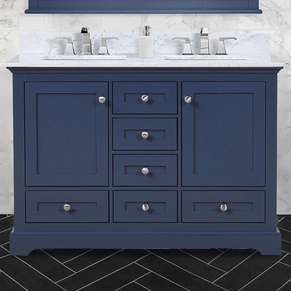 Lexora Home Dukes 48&quot; Double Bathroom Vanity in Navy Blue with 2 cm White Carrara Marble Top and Rectangular Sinks, , large