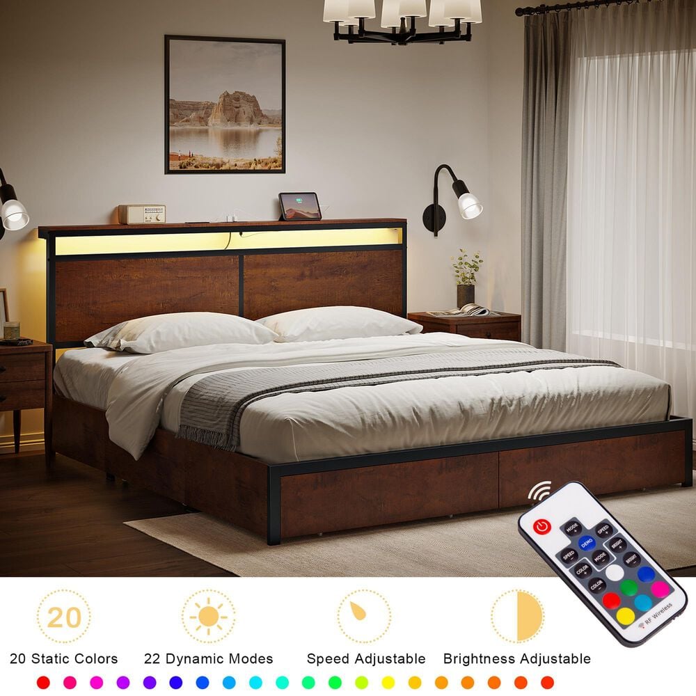 HOMLUX King 4-Drawer Storage Bed with LED Headboard and Charging Station in Rustic Brown, , large