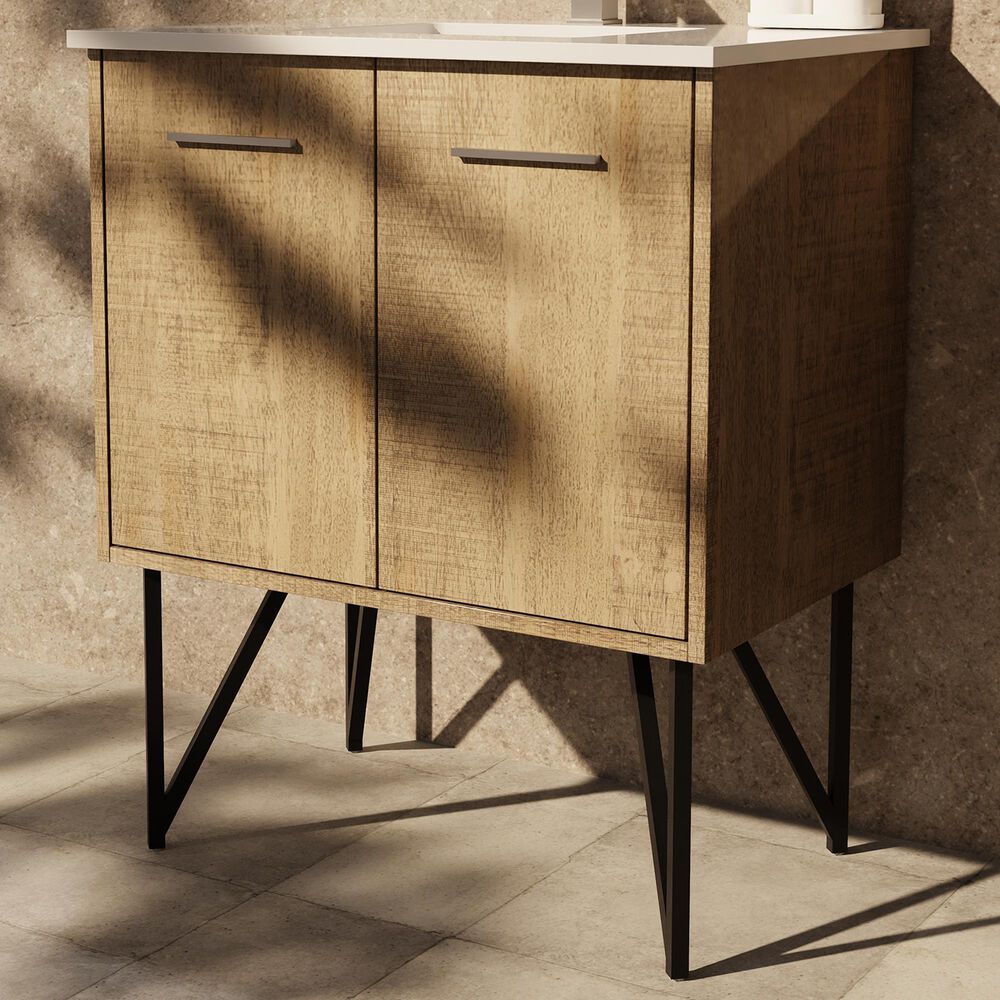 Lexora Home Lancy 30&quot; Single Bathroom Vanity in Rustic Acacia with 2 cm White Cultured Marble Top and Rectangular Sink, , large