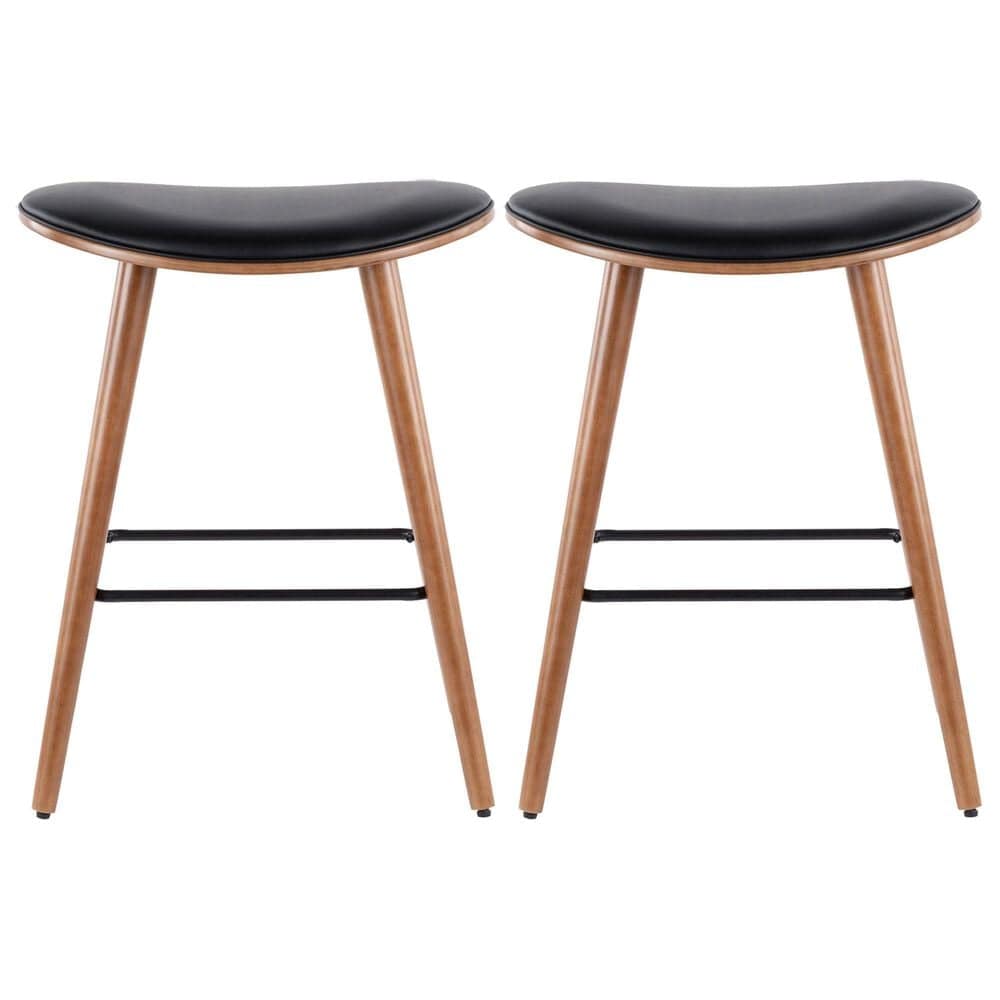 Lumisource Saddle Counter Stool with Black Cushion in Walnut and Black &#40;Set of 2&#41;, , large