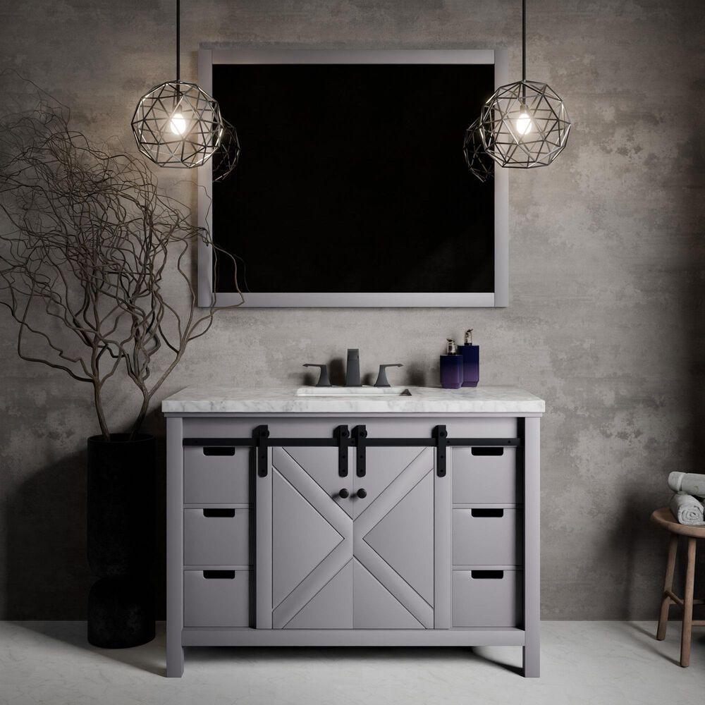 Lexora Home Marsyas 48" Single Bathroom Vanity in Dark Grey with White Carrara Marble Top and Rectangular Sink, , large