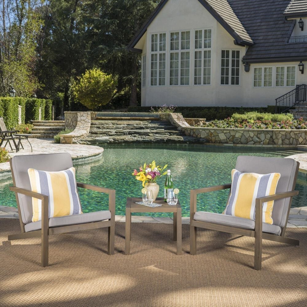Hearth and Haven Leah 3-Piece Patio Chat Set with Gray Cushion in Brown, , large