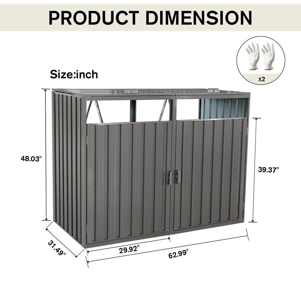 Hearth and Haven Outdoor Metal Garbage Bin Shed for 2 Trash Cans with Lockable Doors in Gray, , large