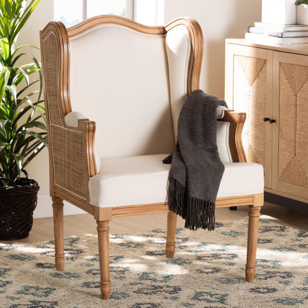 Baxton Studio Rachana Accent Chair with Honey Oak Frame in Beige, , large