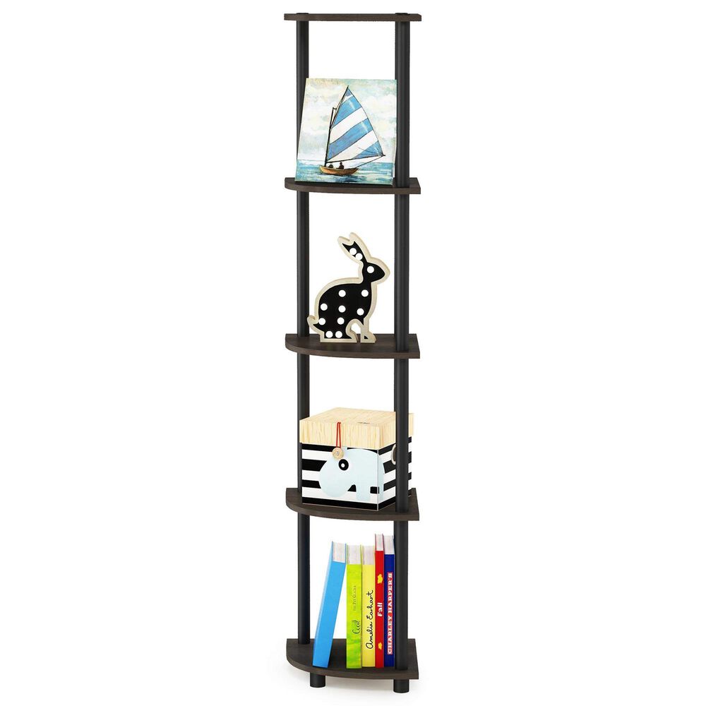HOMLUX 5-Tier Modern Tall Corner Open Bookshelf in Dark Brown and Black, , large