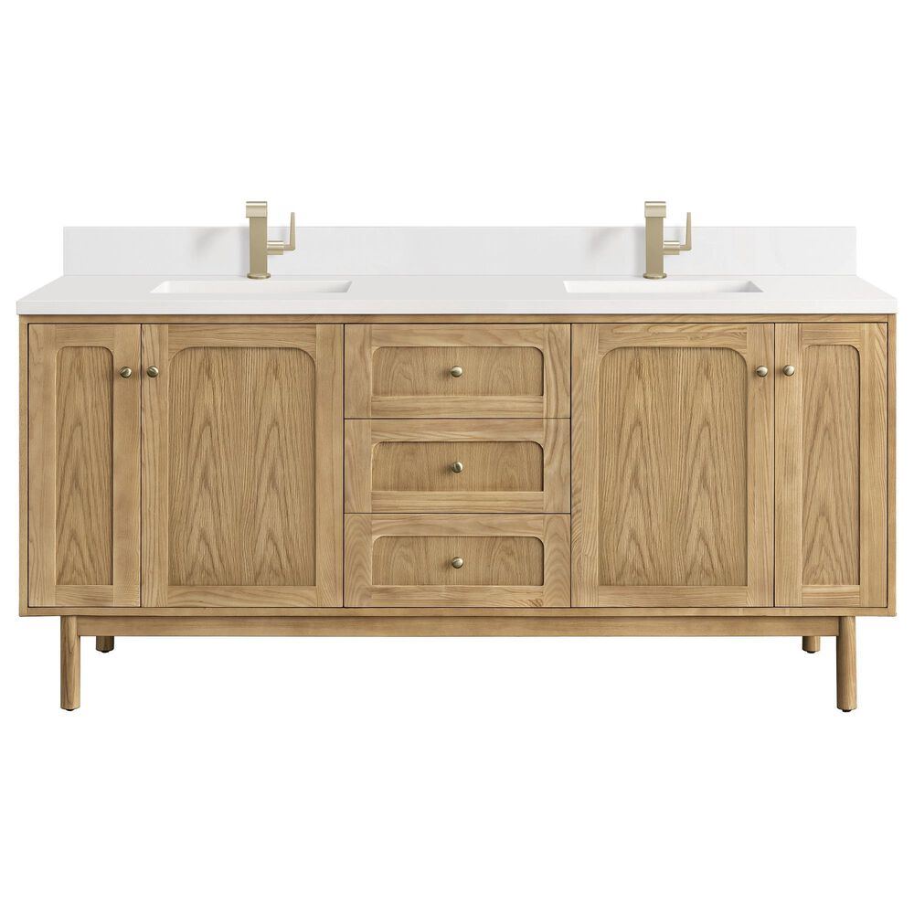 James Martin Vanities Laurent 72" Double Bathroom Vanity in Light Natural Oak with Single Hole 3 cm White Zeus Quartz Top and Rectangular Sinks, , large