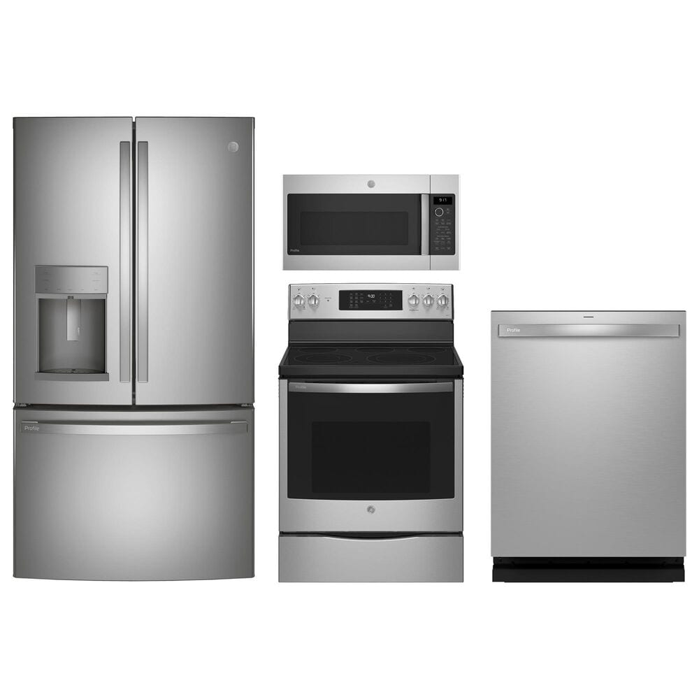 GE Profile 4-Piece Kitchen Package with 27.7 Cu. Ft. French Door Refrigerator and 30" Smart Freestanding Electric Range in Stainless Steel, , large