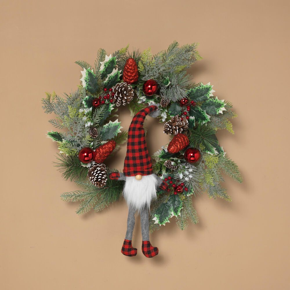 The Gerson Company 24&quot; 2599050EC Holiday Pine Wreath with Gnome Ornaments in Green and Red, , large
