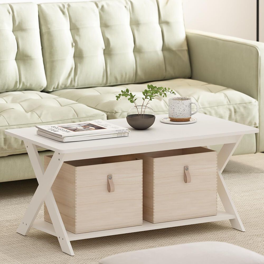 HOMLUX 1-Tier Simplistic Criss-Crossed Coffee Table in White, , large
