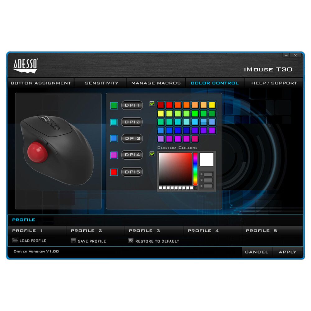 Adesso Wireless Programmable Ergonomic Trackball Mouse in Black, , large